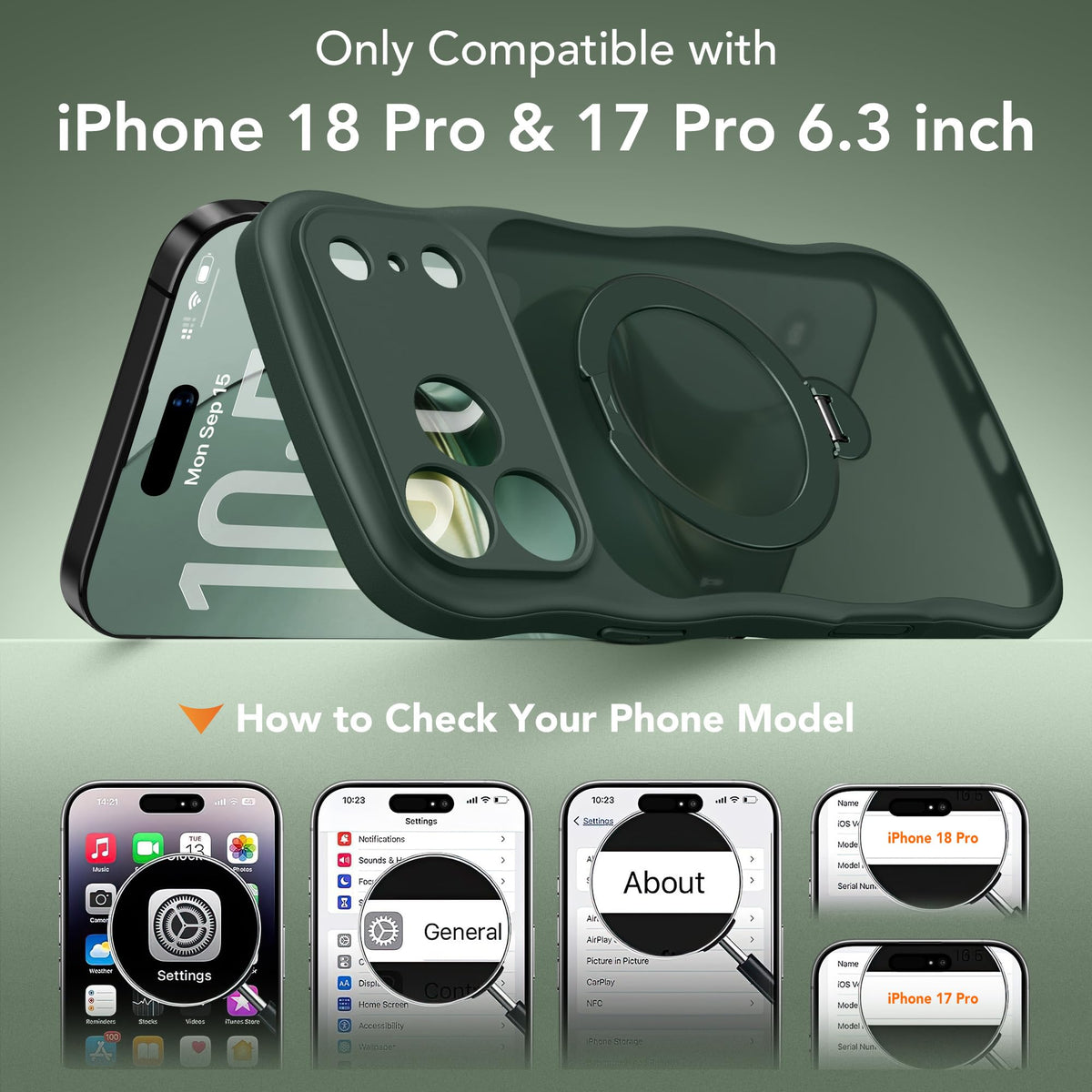 Magnetic for iPhone 18 Pro Case,360° Spin Stand Forest Green