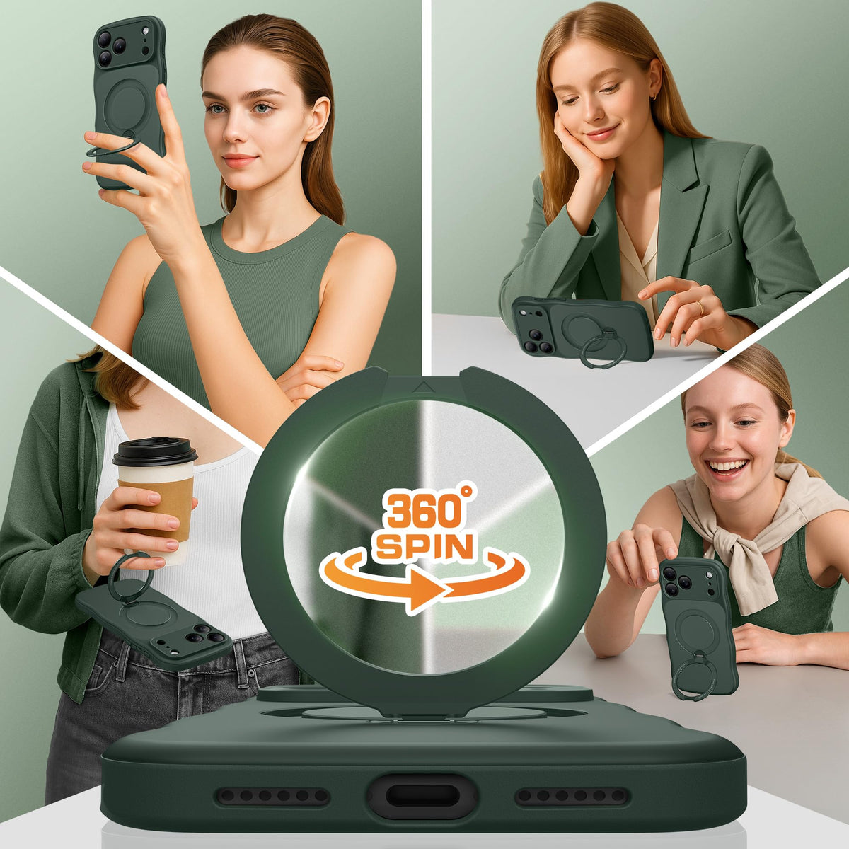 Magnetic for iPhone 18 Pro Case,360° Spin Stand Forest Green