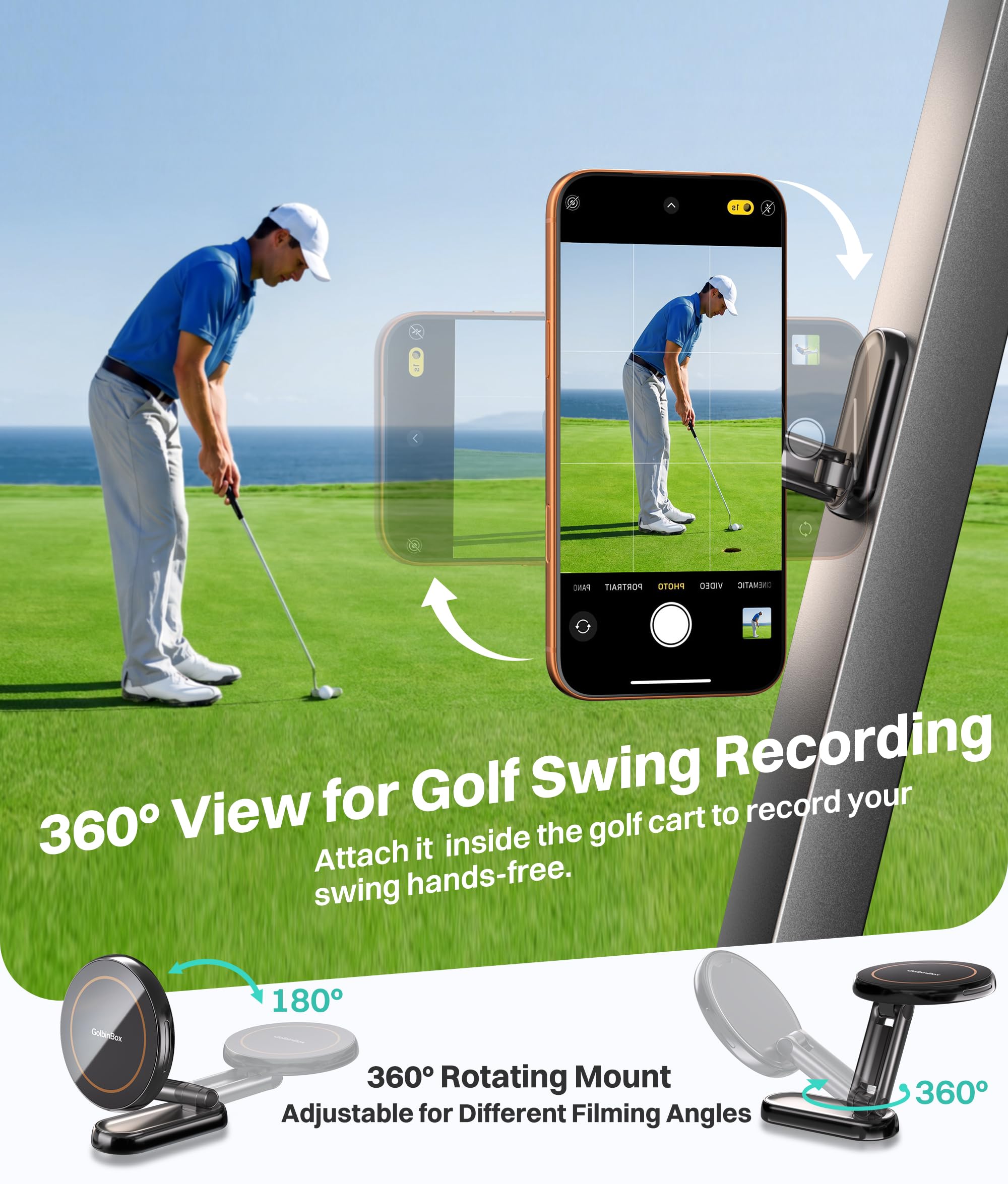 Magnetic Golf Cart Phone Holder 360 Spin, Fit for iPhone/Samsung