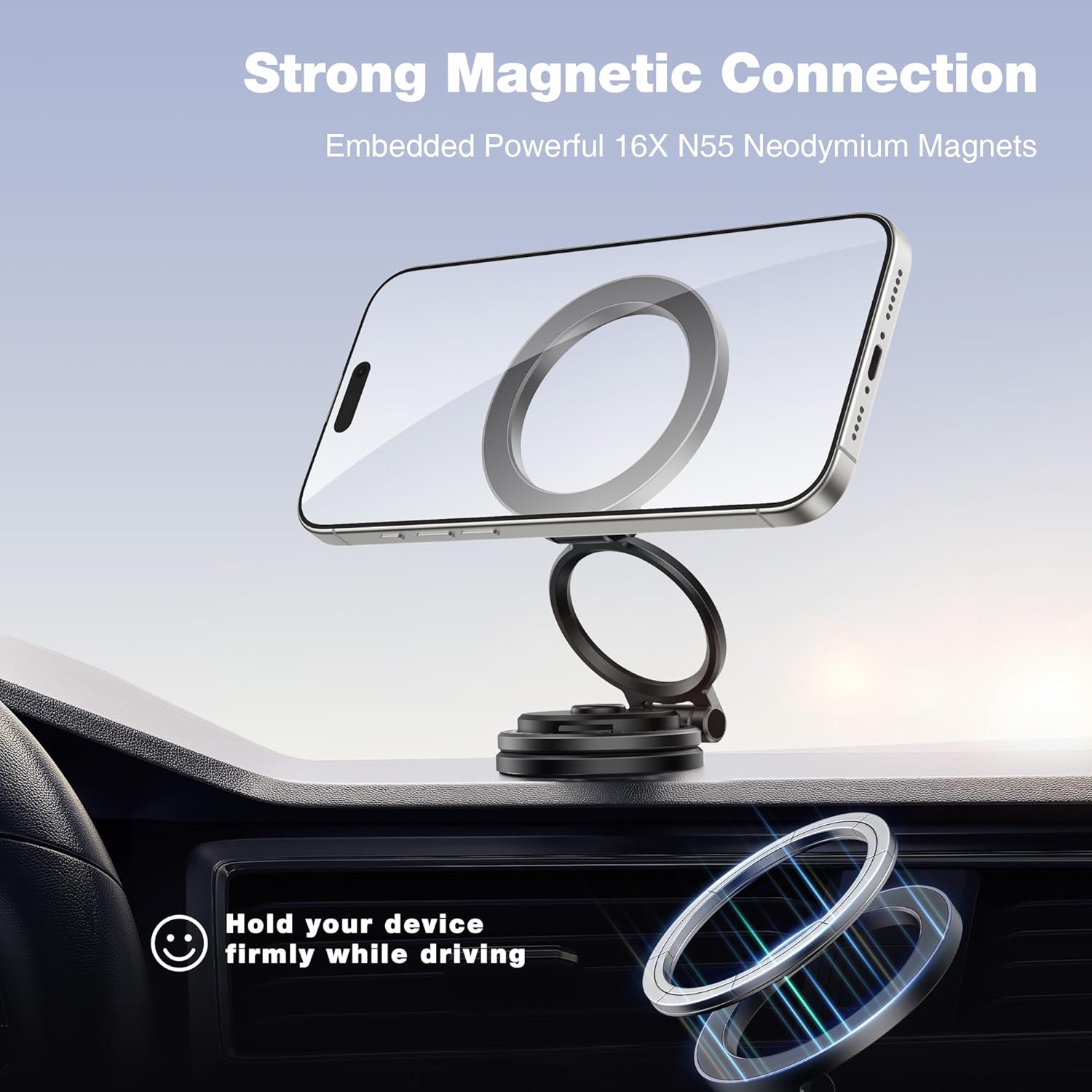 MagSafe Car Mount, Metal Design, Folding 360° Rotation, Cell Phone Holder