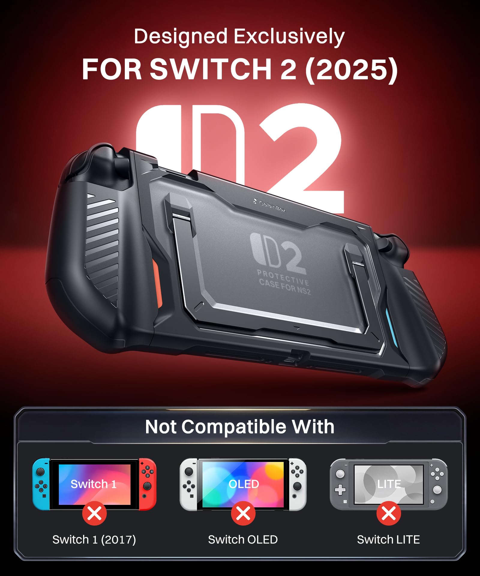 GolbinBox Hard Shell Case for Nintendo Switch 2 with Kickstand, Black