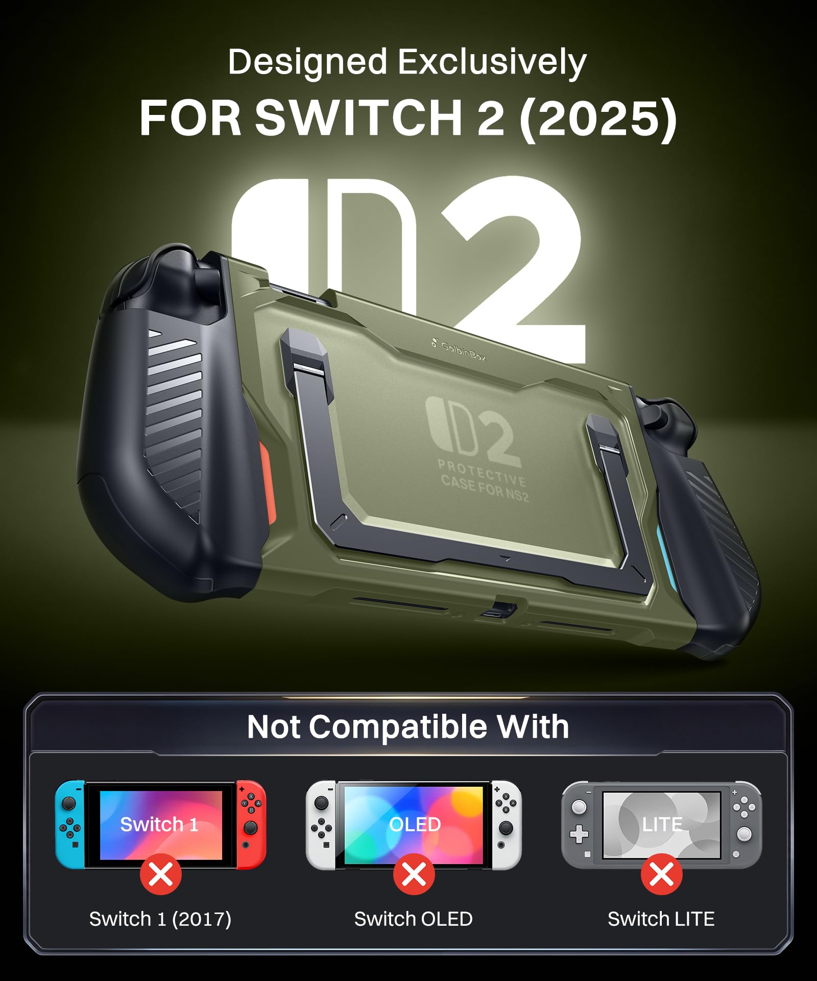 GolbinBox Hard Shell Case for Nintendo Switch 2 with Kickstand, Green