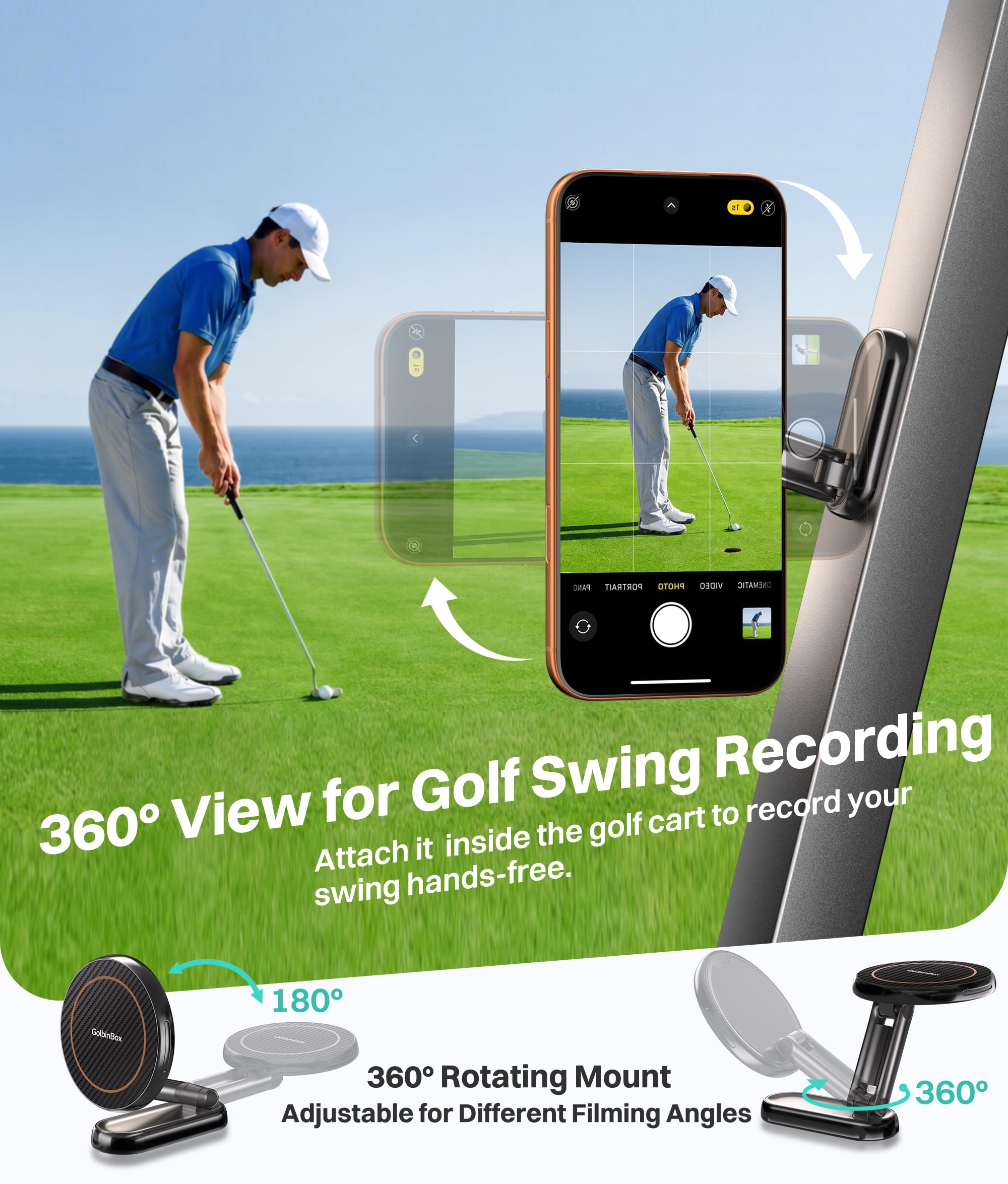 Magnetic Golf Cart Phone Holder 360 Spin, Fit for iPhone/Samsung