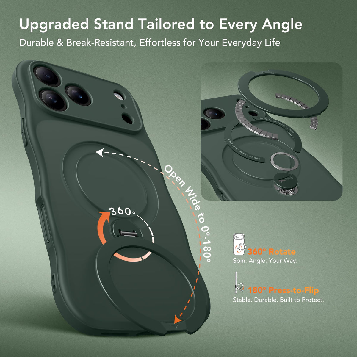 Magnetic for iPhone 18 Pro Case,360° Spin Stand Forest Green