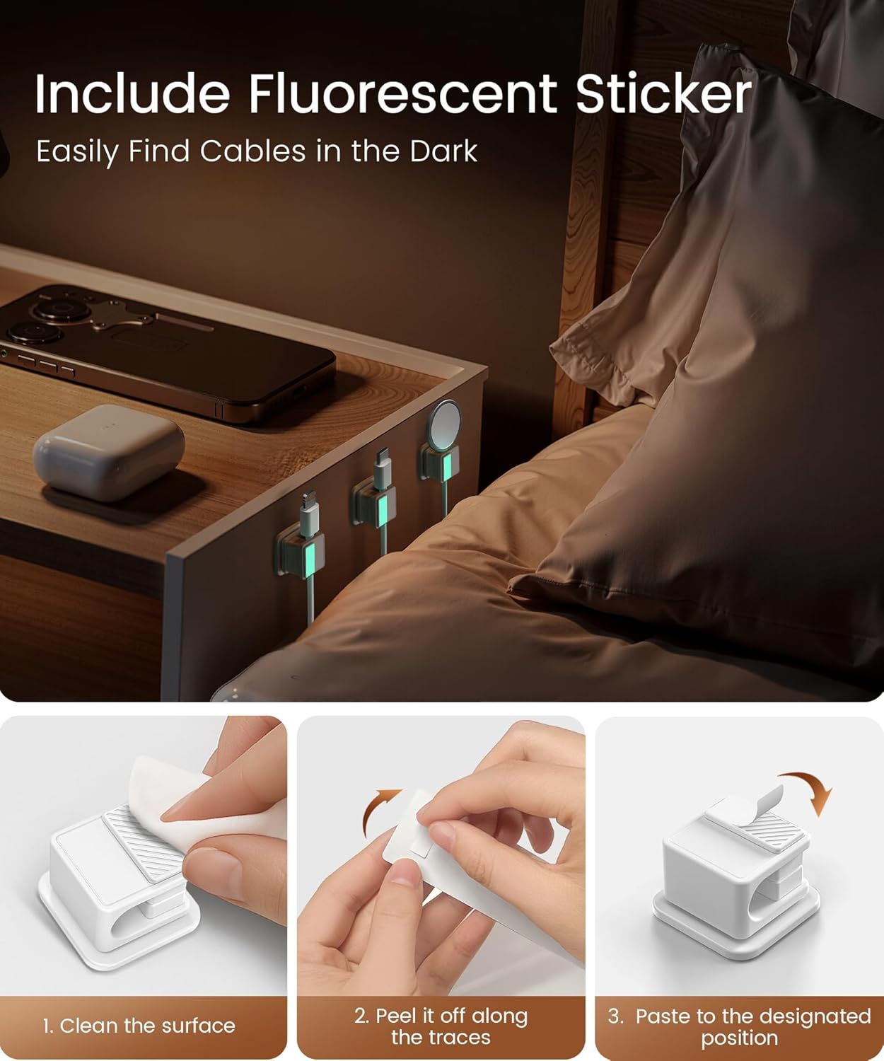 Cable Clips, Glow in the Dark Cable Holders, 6 Pack Magnetic Cord Organizer with Shockproof Silicone