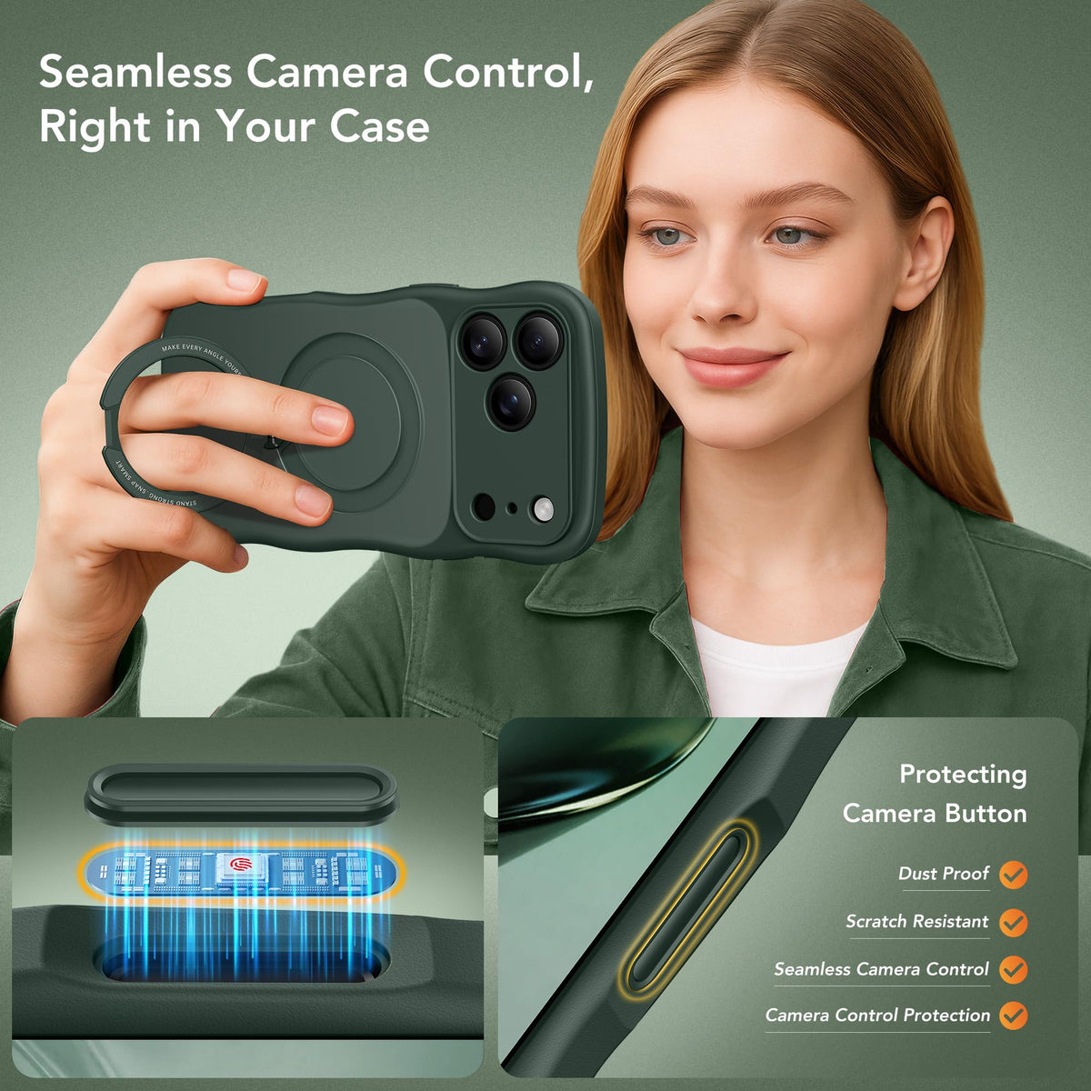 Magnetic for iPhone 18 Pro Case,360° Spin Stand Forest Green