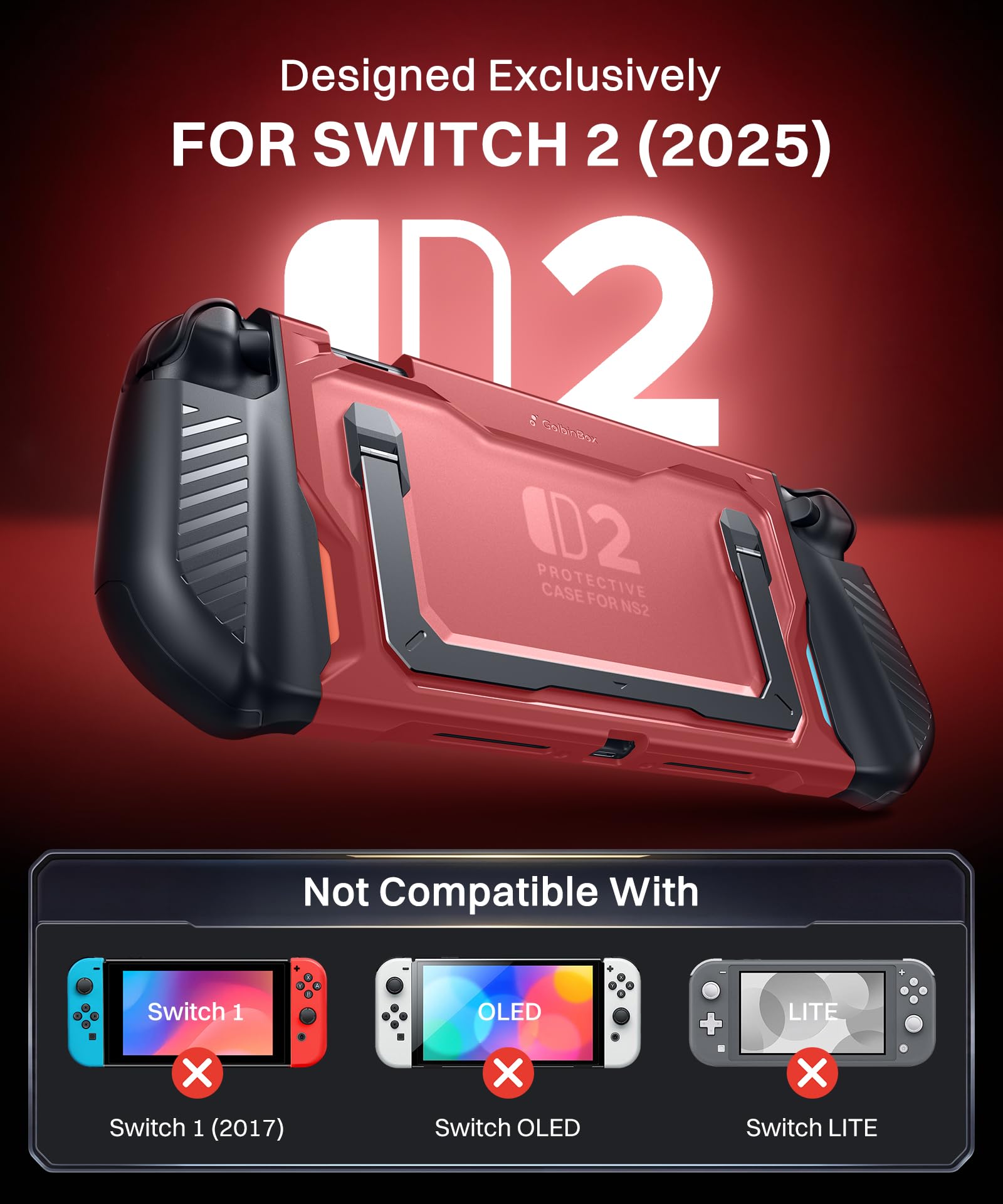 GolbinBox Hard Shell Case for Nintendo Switch 2 with Kickstand, Red