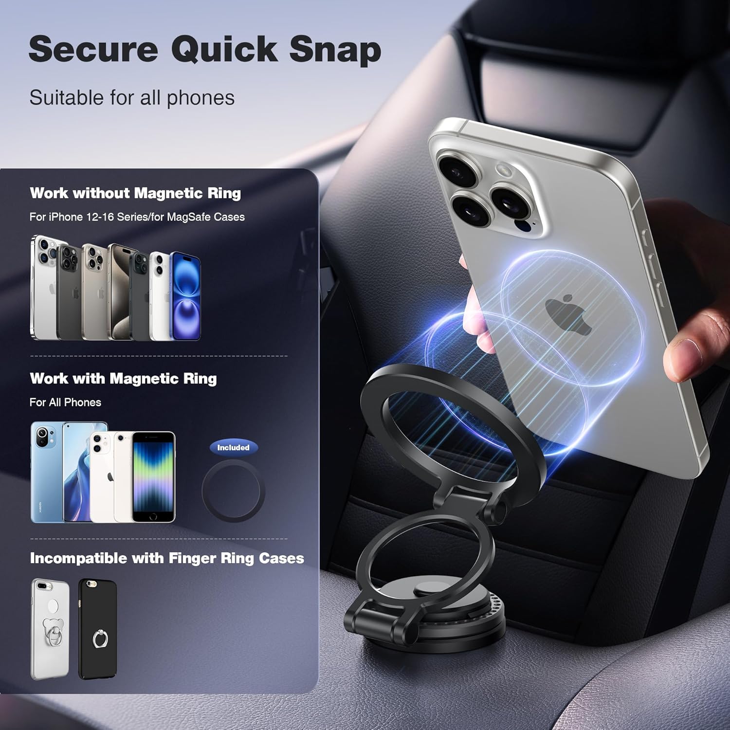 MagSafe Car Mount, Metal Design, Folding 360° Rotation, Cell Phone Holder